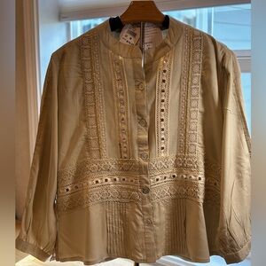 NWT Parsley & Sage Holiday Embellished Top Sand Beige‎ Boho Button Front Medium